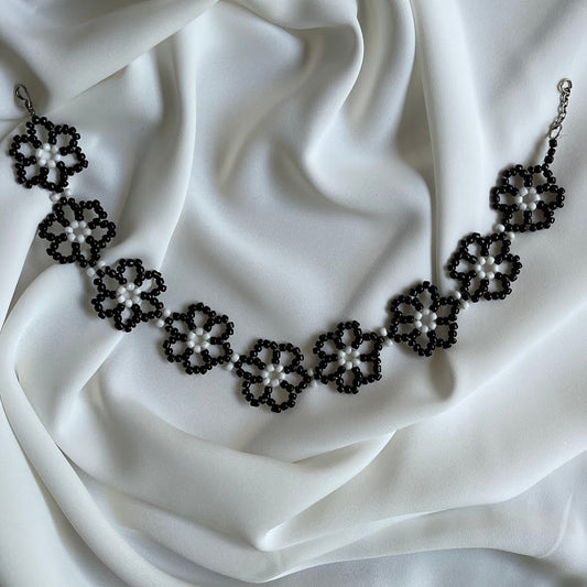 Black & White Woven Flower Choker