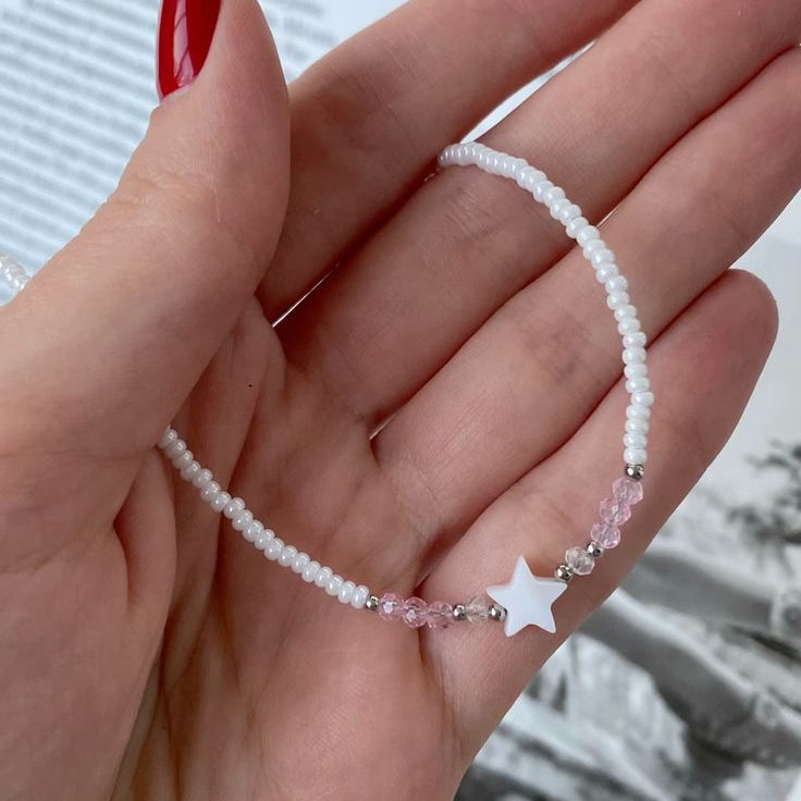 White & Pink Seed Bead Star Focal Bracelet