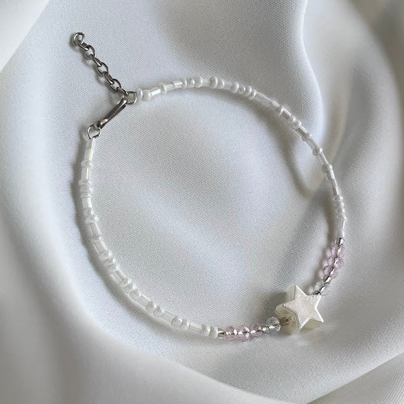 White & Pink Seed Bead Star Focal Bangle