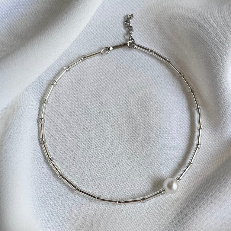 Y2K Silver Tube Pearl Bracelet