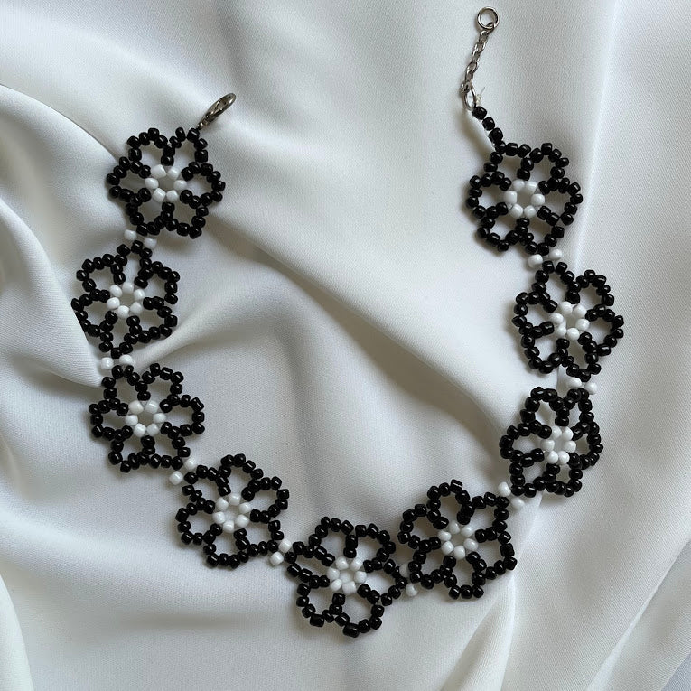 Black & White Woven Flower Choker