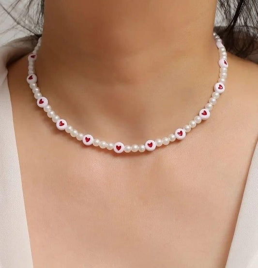 Red Heart Pearl Choker Necklace - 1 Piece