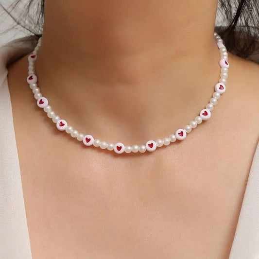 Red Heart Pearl Choker Necklace - 1 Piece