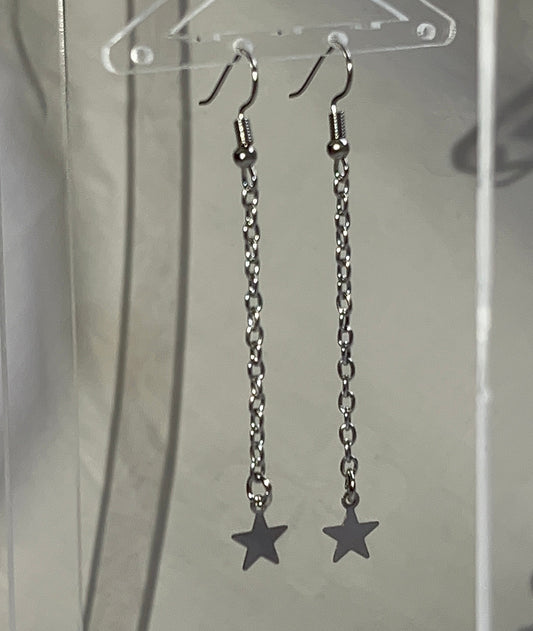 Silver Long Chain Star Earrings