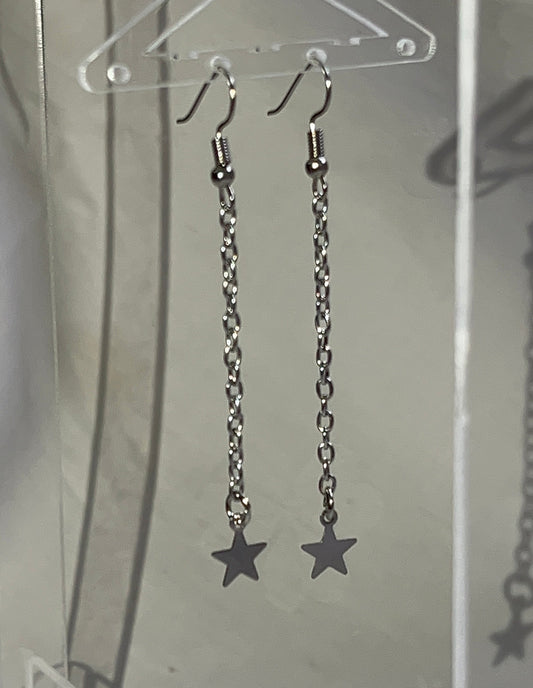 Silver Long Chain Star Earrings